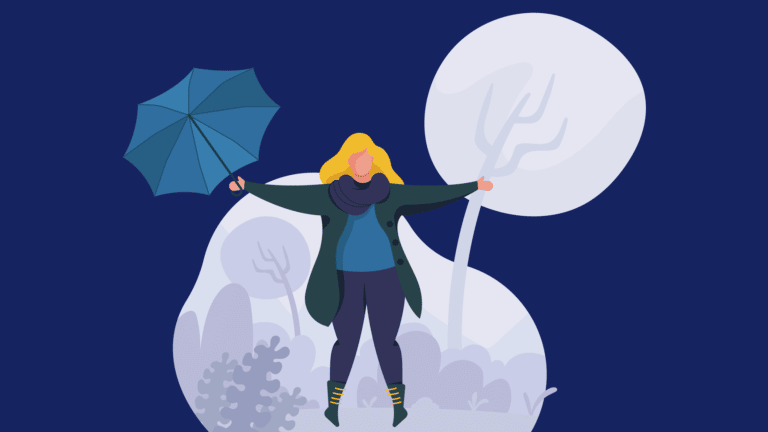 Eine Frau steht mit aufgespanntem Regenschirm im Sturm.